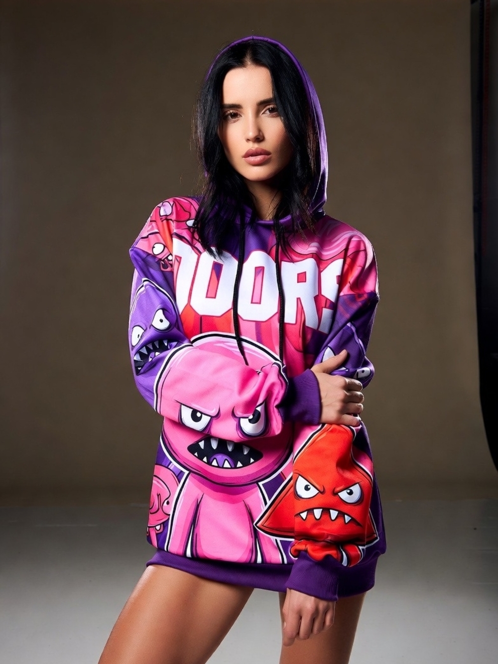Colorful Cartoon Monster Graphic Hoodie - Purple & Pink